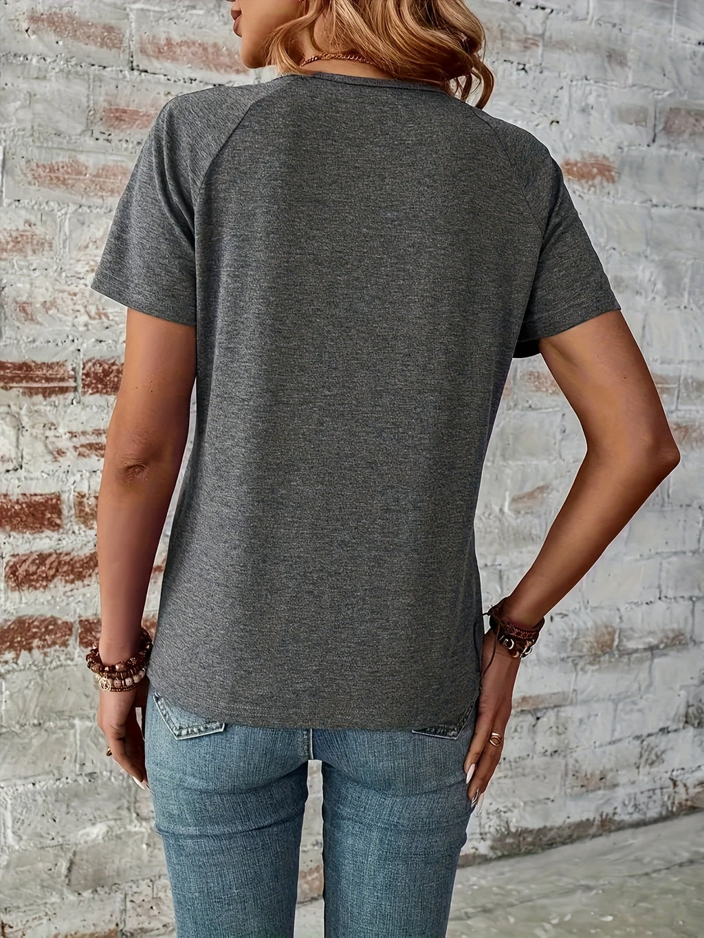 V-Neck Zip Detail Letter Print T-Shirt for Women - Soft Stretchy Casual Top Spring Summer Fall Everyday Wear