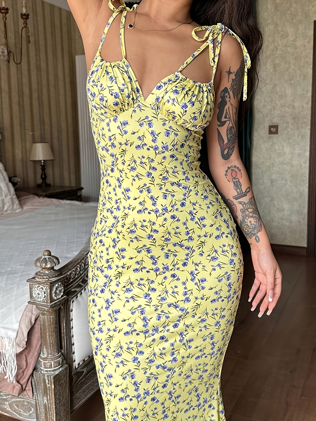 Women's Spaghetti Strap Fishtail Maxi Dress Self-Tie Sleeveless Long Dress Dinner Vacation Casual Pink Lemon Yellow S-L