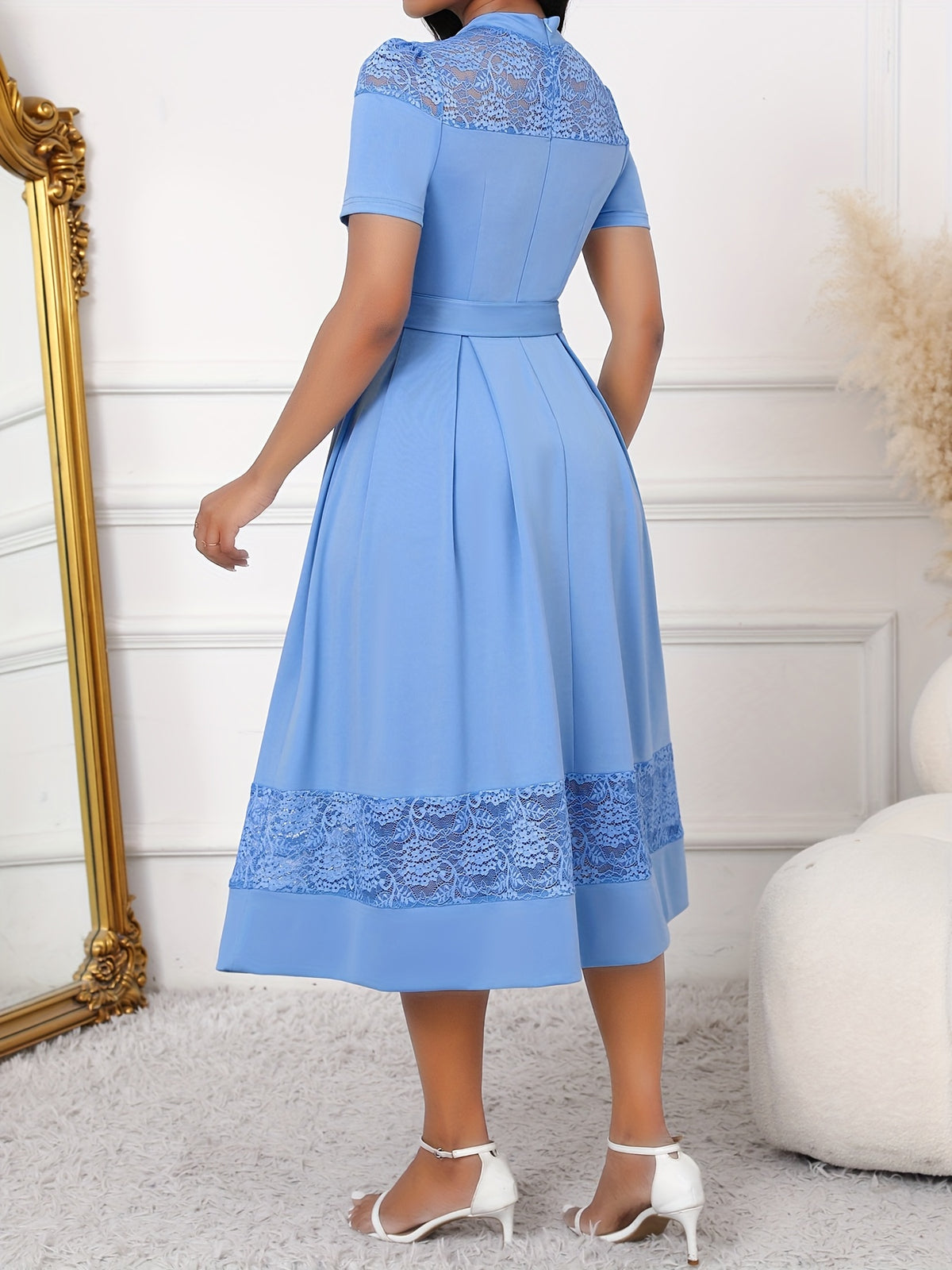Elegant Lace Spliced Slim Fit Dress Women Belted Formal Evening Party Dress Chic Design
