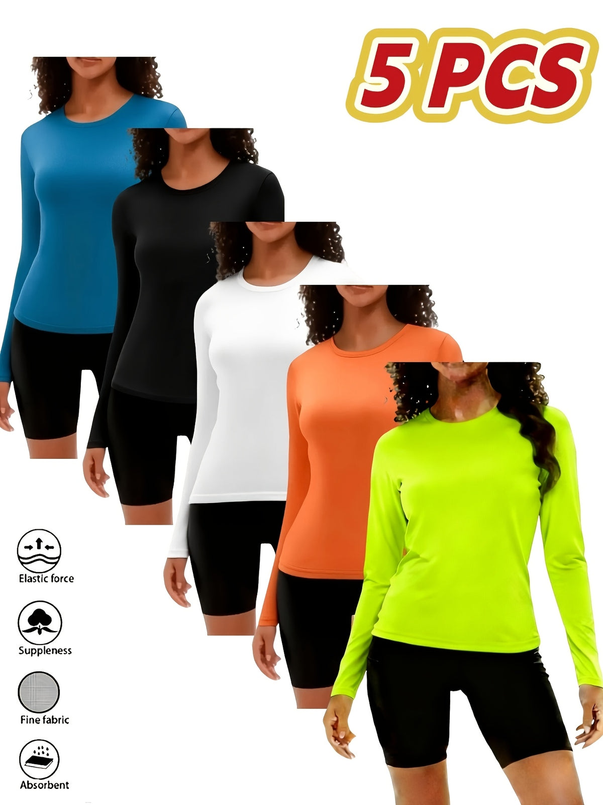 5-Pack Long Sleeve Women T-Shirts V-Neck Moisture-Wicking Breathable High Stretch Outdoor Solid Color Top Four Seasons Assorted Colors