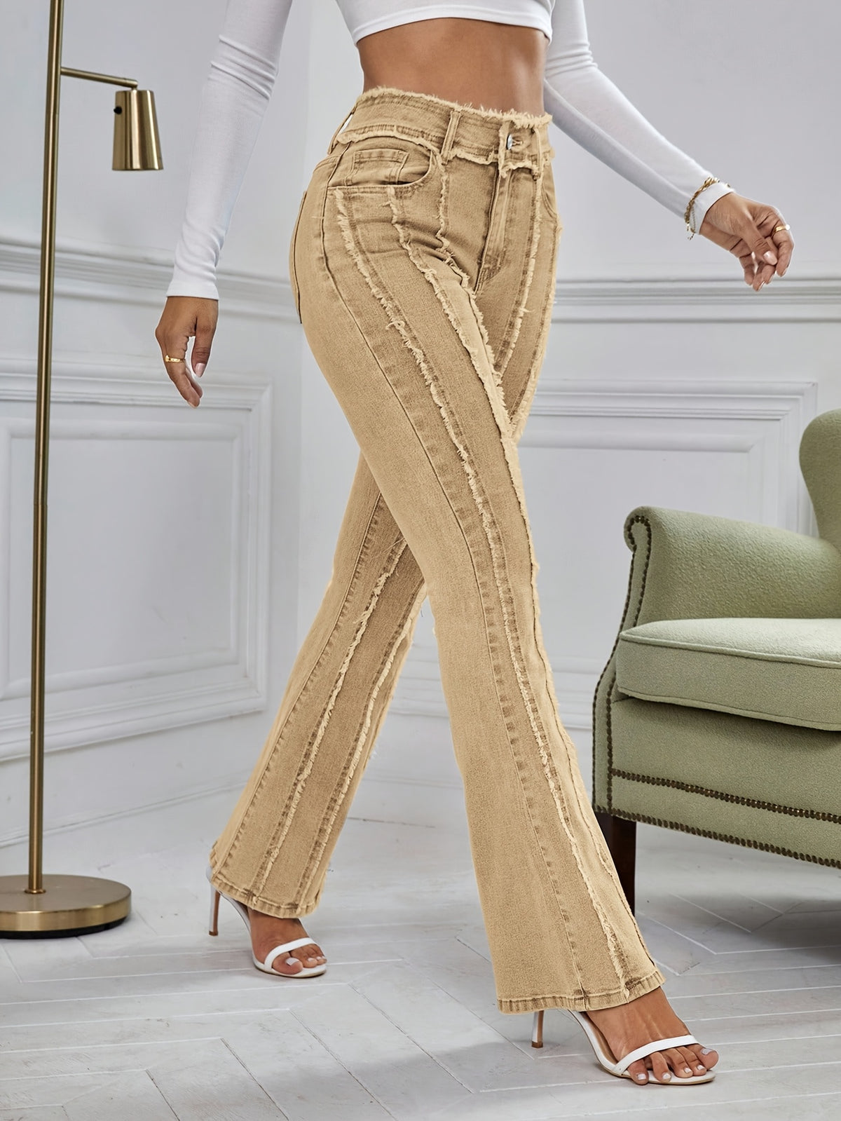 High Waist Stretch Bell Bottom Jeans Women Fringe Flare Denim Pants Outdoor All Season Light Blue Ginger XS-XL