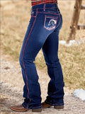 Color Block Embroidered Flared Jeans for Women Butt Lifting High Waist Vintage Denim Flare Pants Trendy Streetwear All Season Dark Blue