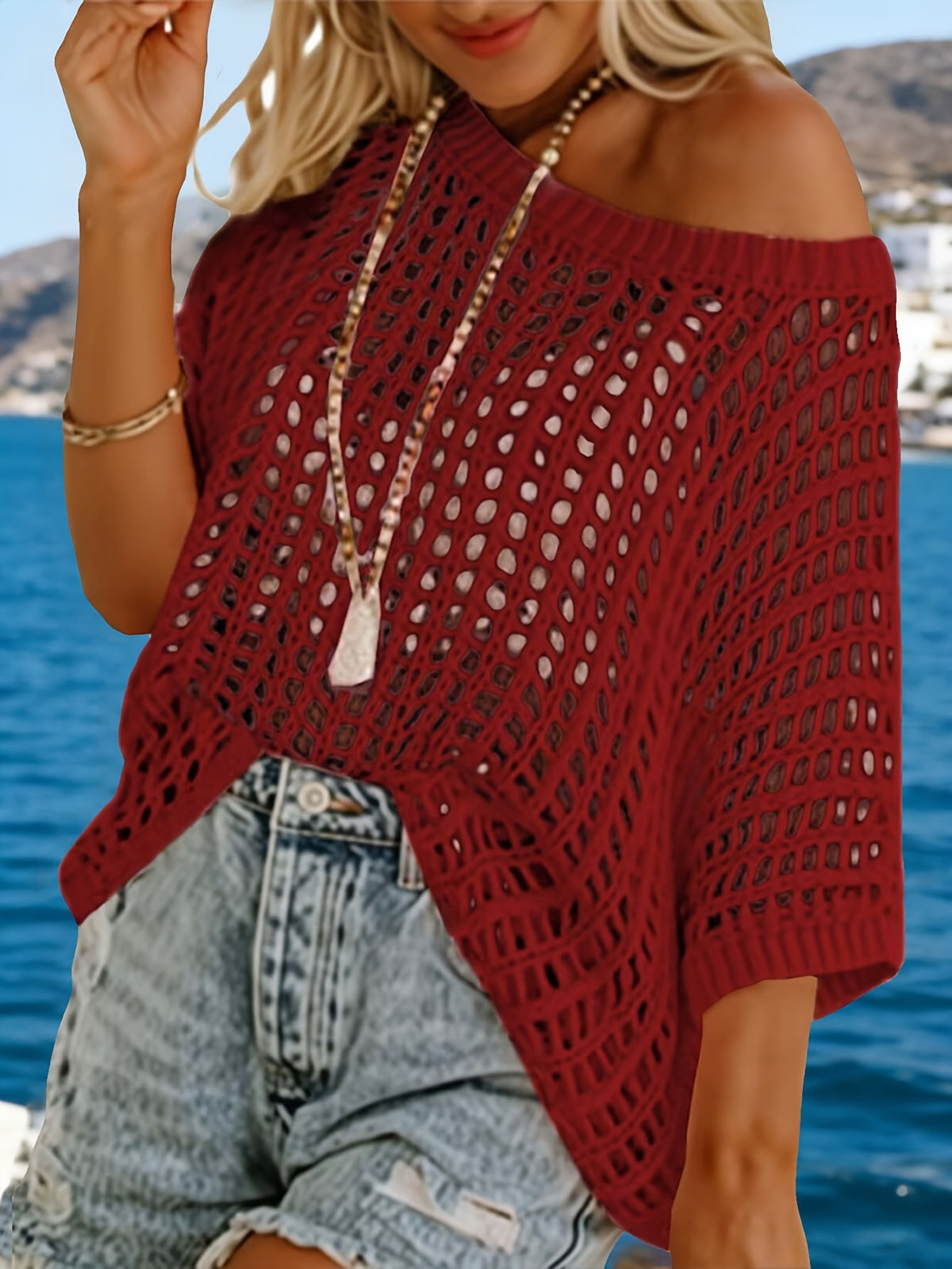 Women's Off Shoulder Crochet Blouse Batwing Sleeve Hollow Out Semi Sheer Loose Beach Cover Up Top Curvy Summer Vacation Resort Wear