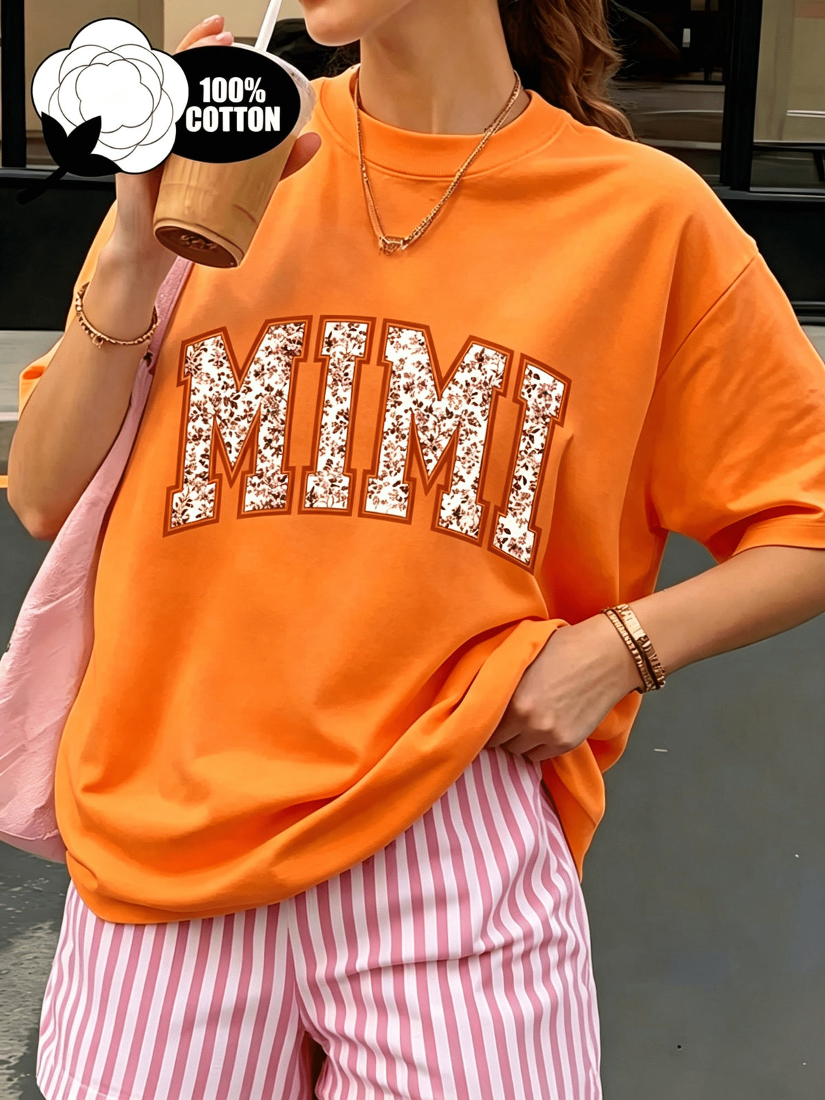 Floral MIMI Print Women T-Shirt Short Sleeve Loose Crew Neck Casual Graphic Tee Breathable Lightweight Everyday Top