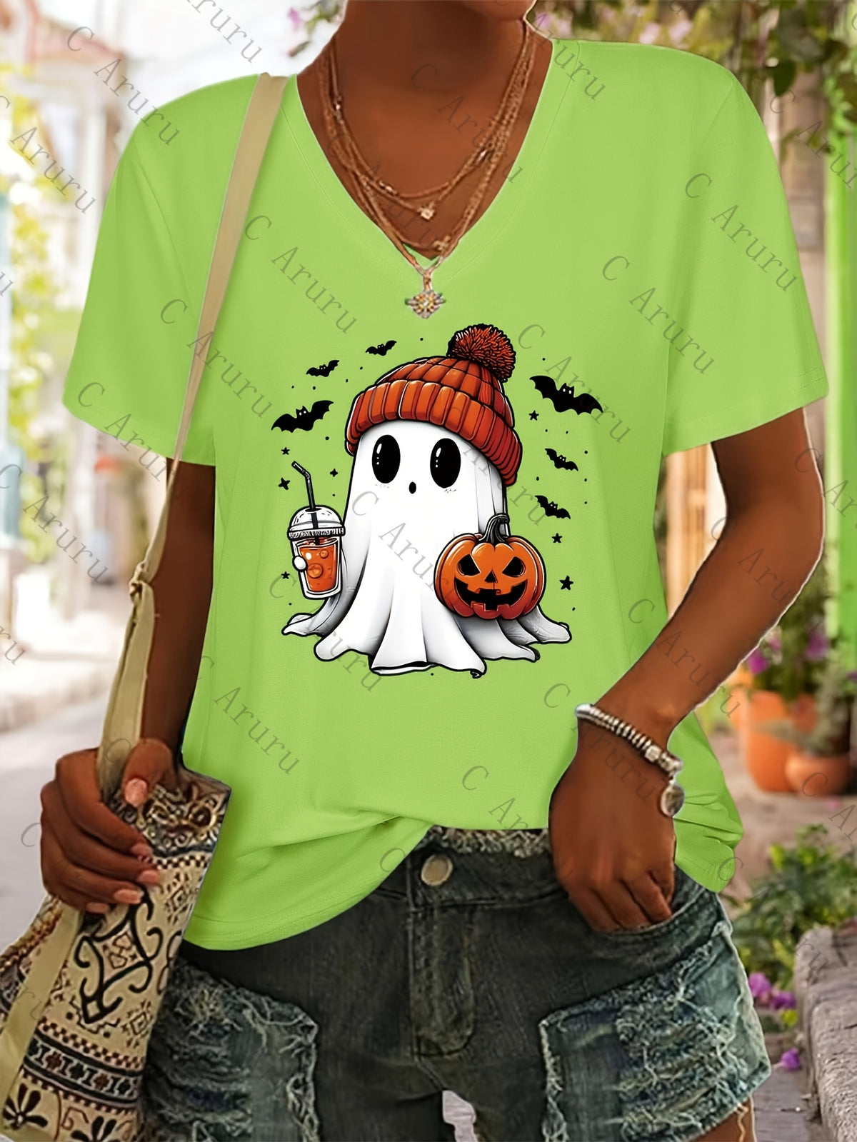 Ghost Print V-Neck T-Shirt Women Casual Short Sleeve Graphic Tee Fun Holiday Gift Spring Summer Top S-XXL