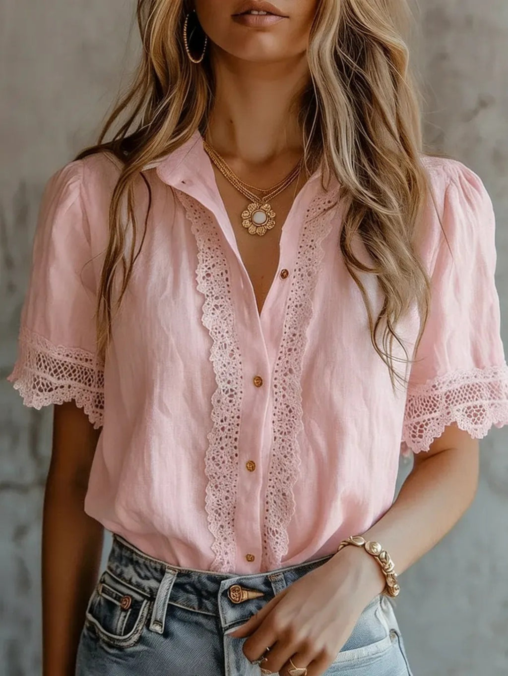 Lace Spliced Blouse Women Summer Casual Feminine Top | Elegant Lace Panel Shirt Comfortable Lightweight Machine Washable Everyday Wear S-XXL