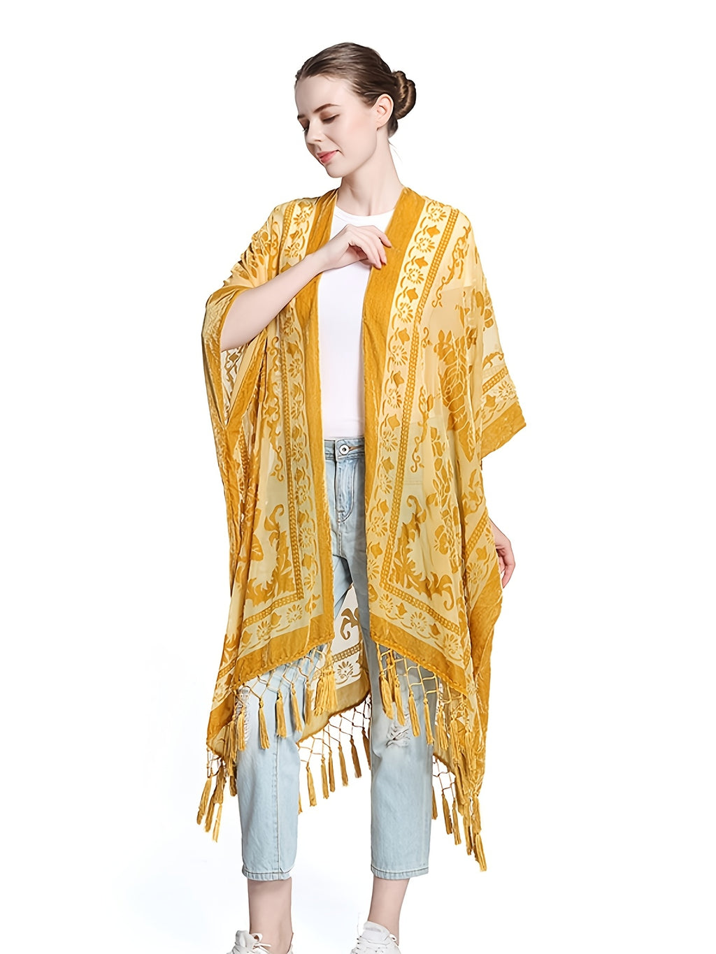 Boho Burnout Velvet Kimono Women Long Cardigan Cover Up Tassel Floral Embroidered One Size