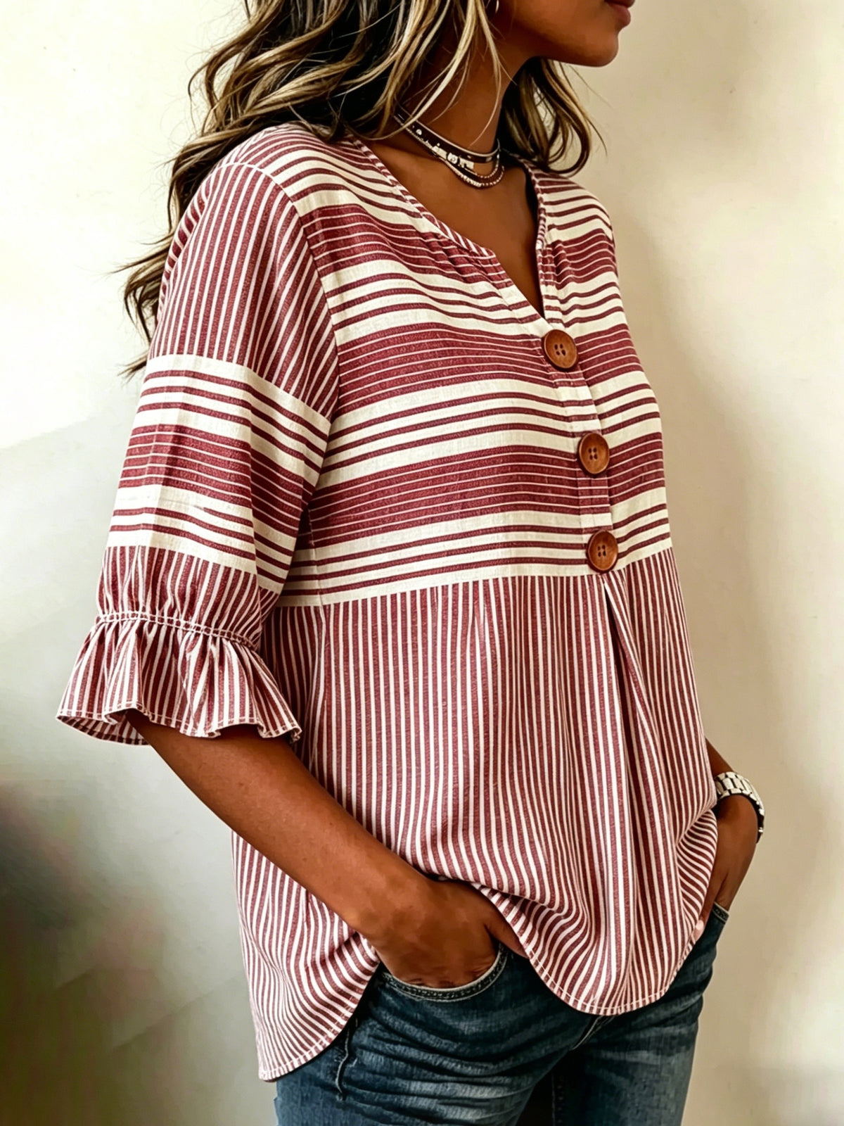 Striped V-Neck Blouse Women Ruffle 3/4 Sleeve Loose Fit Tunic Top Lightweight Linen Button Detail Summer Shirt S-2XL