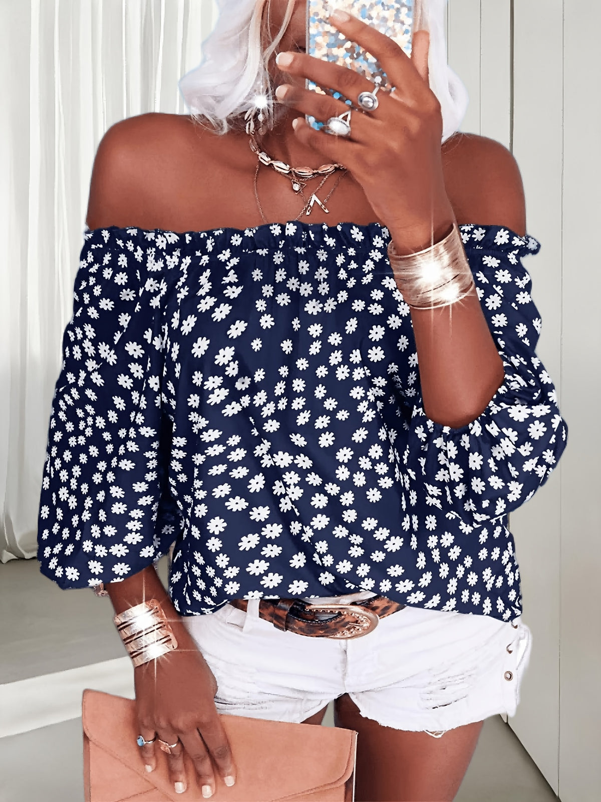 Floral Off Shoulder Chiffon Blouse Women 3/4 Sleeve Casual Summer Top Shirt 10 Colors S-XXL