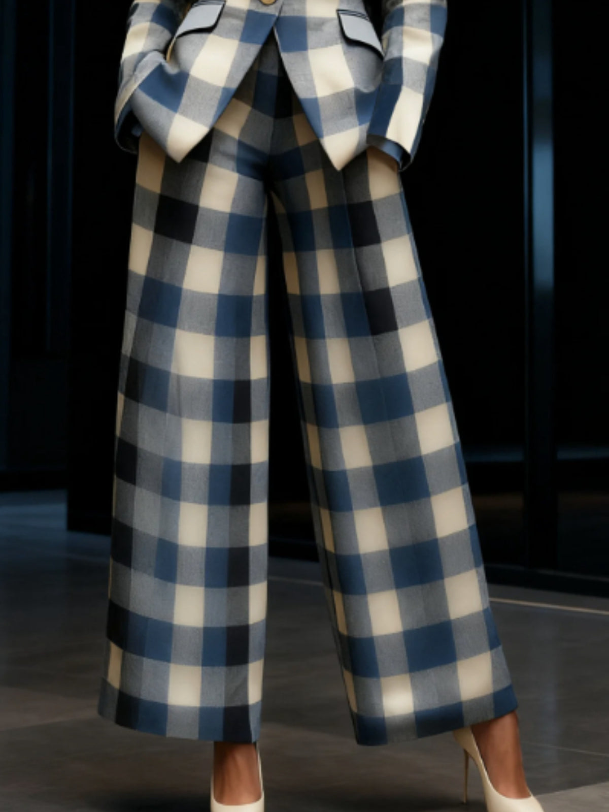 Women's 2pcs Plaid Wide Leg Pants Suit Waist Cinched Slim Fit Professional Blazer Set Workplace Business Casual Outfit