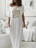 Women's Off-Shoulder One-Shoulder Maxi Dress Inspirational Verse Print Loose Casual Pencil Church Wedding Spring Summer Dress