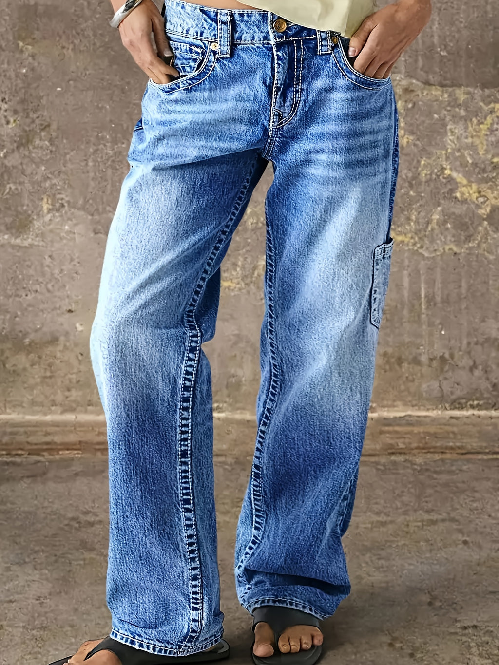 Women's Retro Straight Leg Jeans Mid Rise Relaxed Fit Multi-Pocket Vintage Washed Whisker Denim Casual Workwear Classic Blue