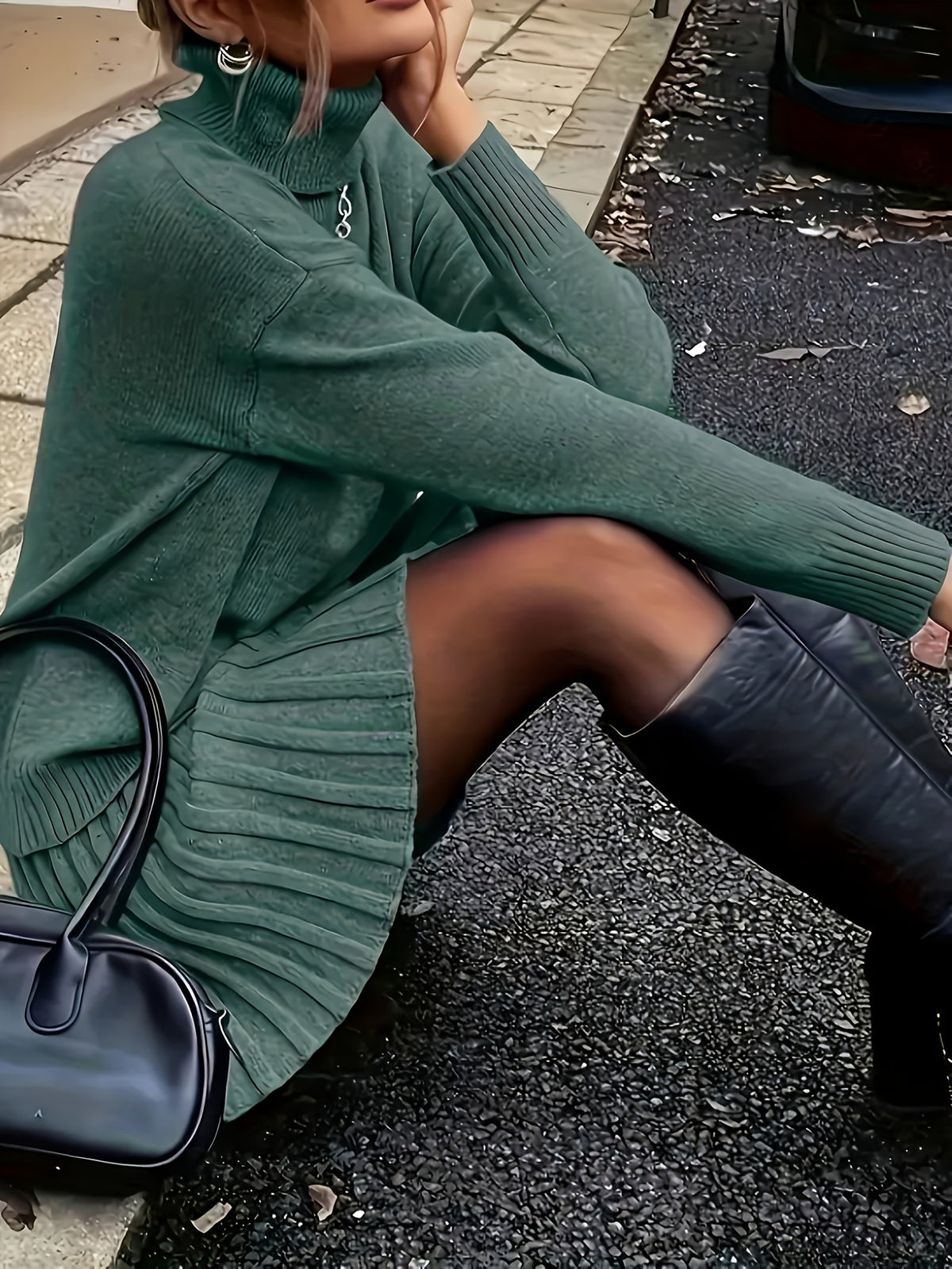 High-Neck Sweater Pleated Skirt Two-Piece Set Women Elegant Drop Shoulder Long Sleeve | Chic Knit Top + Pleated Skirt Co-Ord for Fall Winter Office & Daily Wear