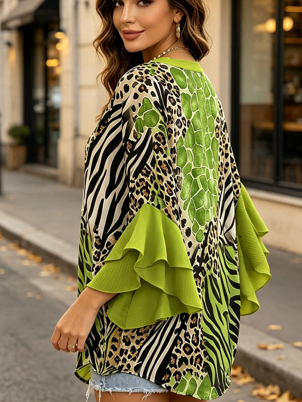 Animal Print Ruffle Sleeve Tunic Top Women V-Neck Long Blouse Three Quarter Patchwork Loose Fit Casual Daily Commute Date Night 95% Polyester