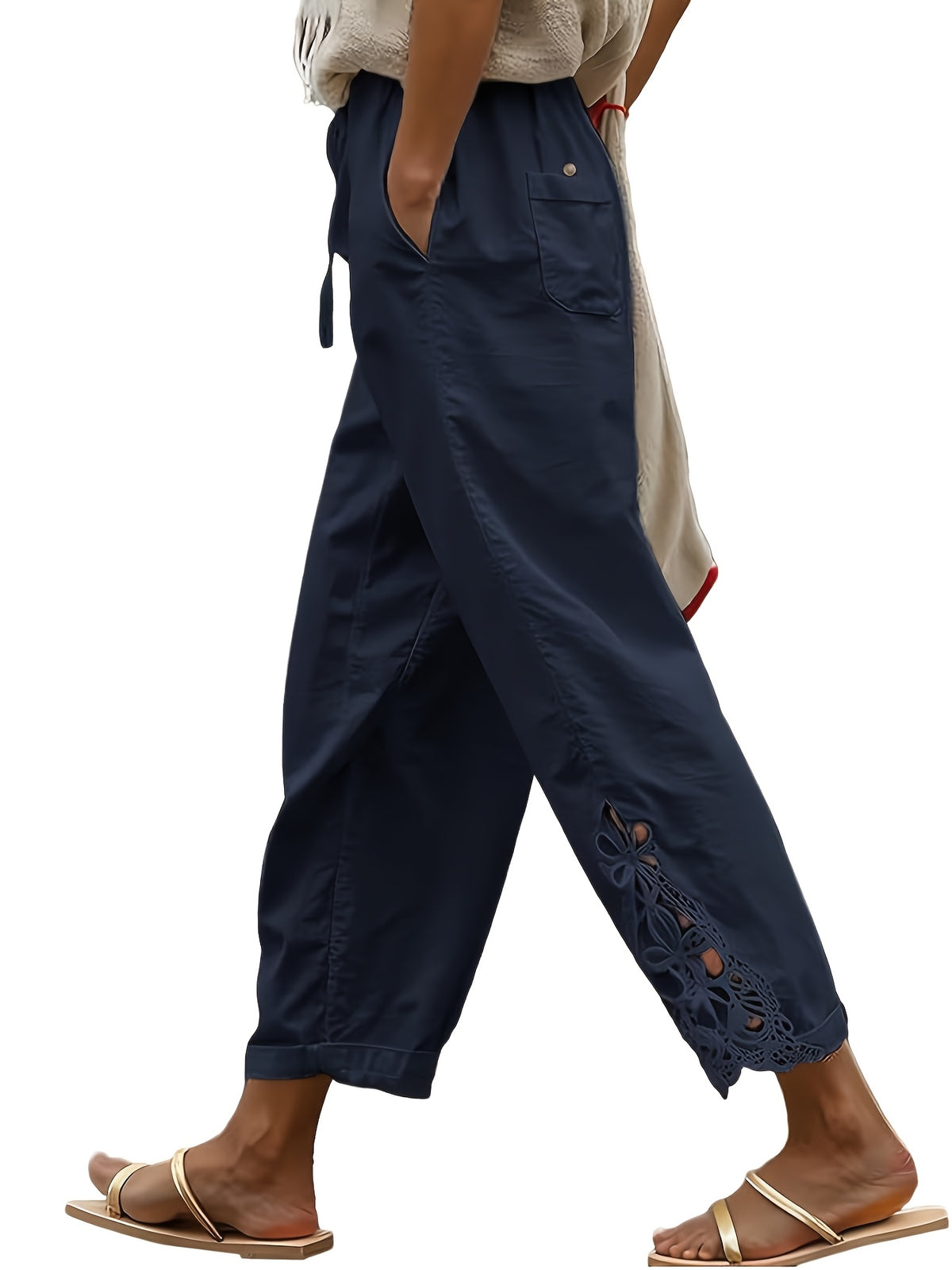Lace Trim Wide Leg Pants Women High Waist Drawstring Casual Nine-Point Pants White Khaki Black Grey S-XXL