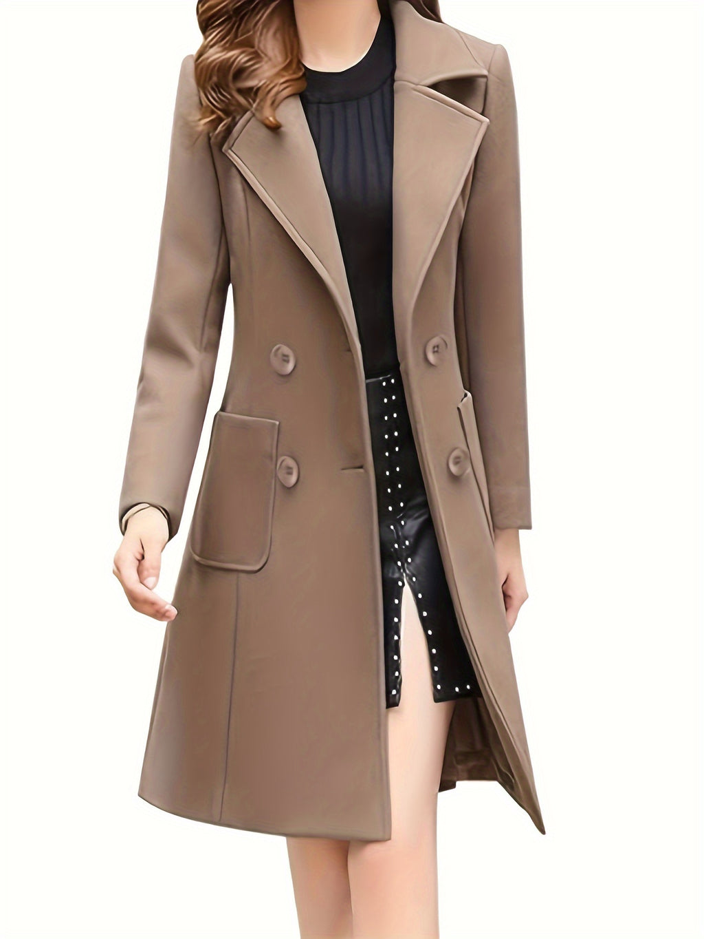Mid Length Double Breasted Lapel Coat for Women, Suede PU Fabric Lined Winter Overcoat, Elegant Transitional Spring Fall Long Jacket, Classic Chic Women's Trench Coat