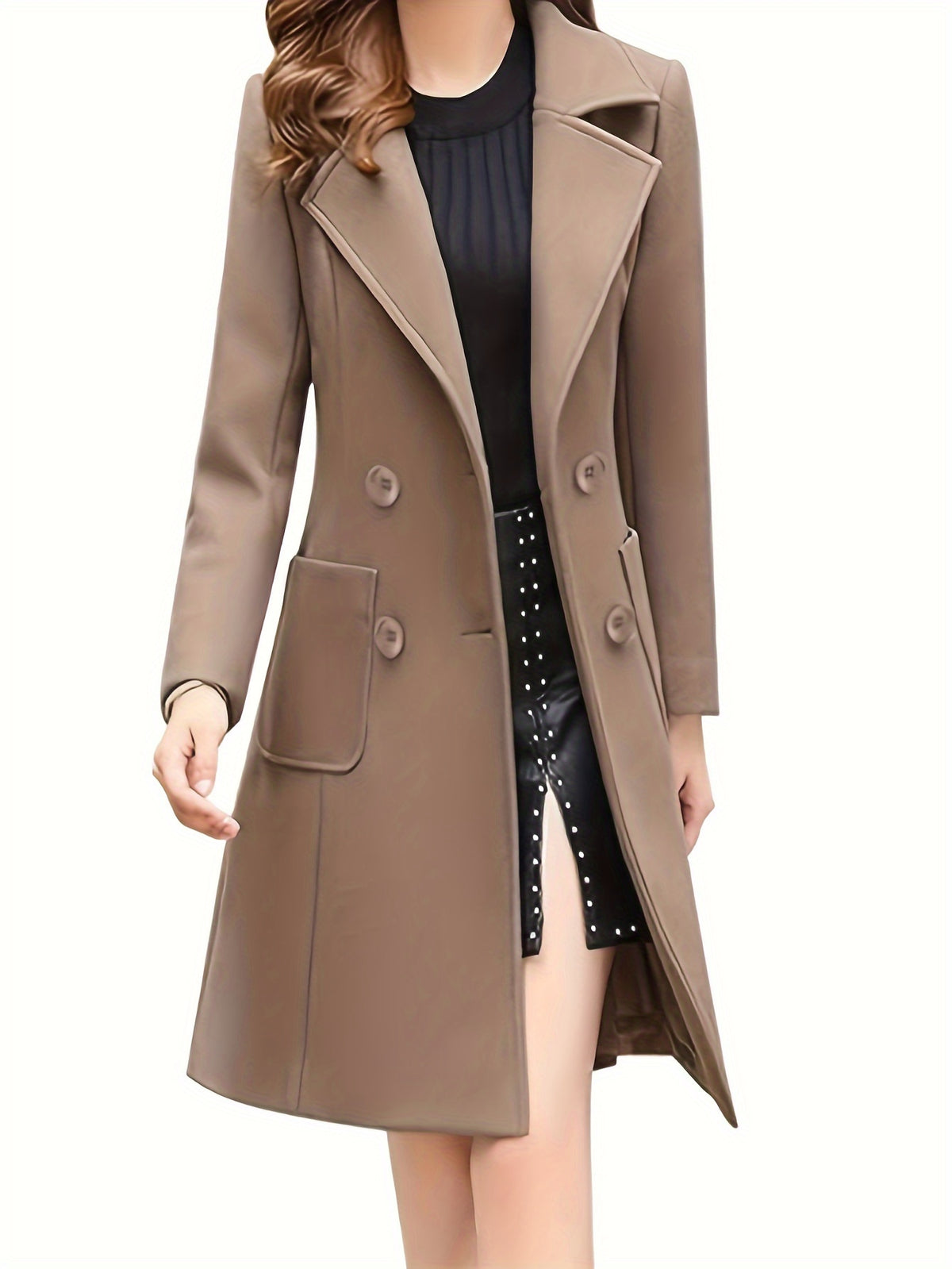 Mid Length Double Breasted Lapel Coat for Women, Suede PU Fabric Lined Winter Overcoat, Elegant Transitional Spring Fall Long Jacket, Classic Chic Women's Trench Coat