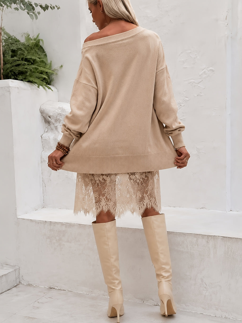 Off Shoulder Sweater Dress Women Lace Hem Long Sleeve Knit All Season Casual Elegant Daily Brunch Vacation Office Party Smooth Knit 180g