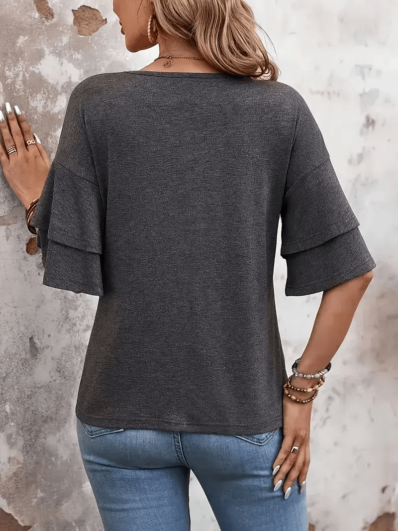 Ruffle Sleeve V-Neck Top Women Layered Tiered Split Back Cross Front Casual Blouse Lightweight Breathable Spring Summer Fall S-XXL