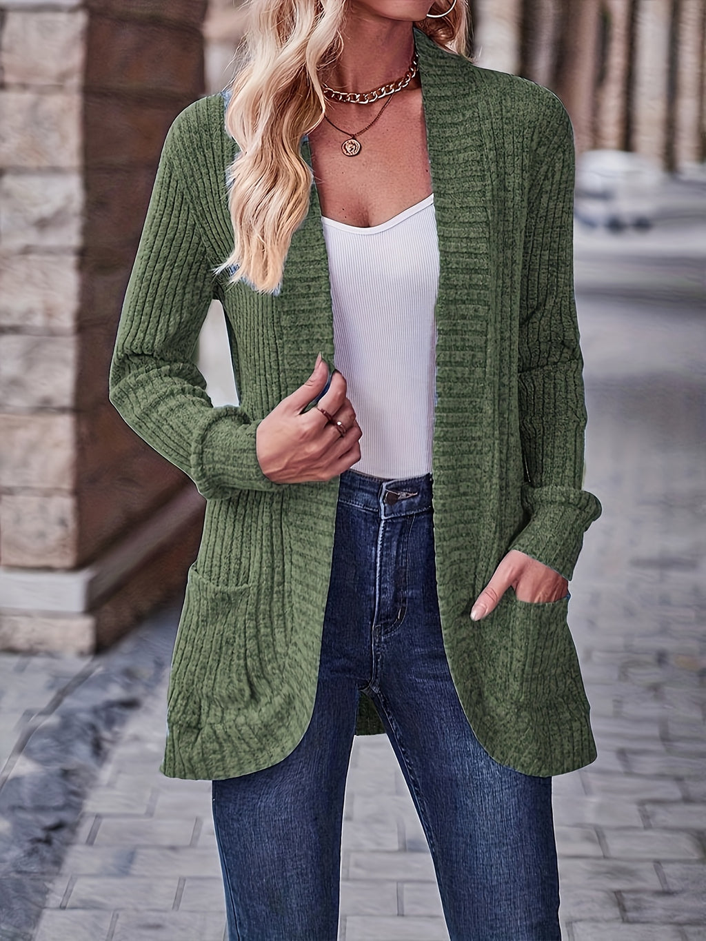 Cardigan Collar Loose Blouse Women Knit Pocket Long Sleeve Solid Color Casual Elegant Top 10 Colors Stretch Everyday Wear S-XXL