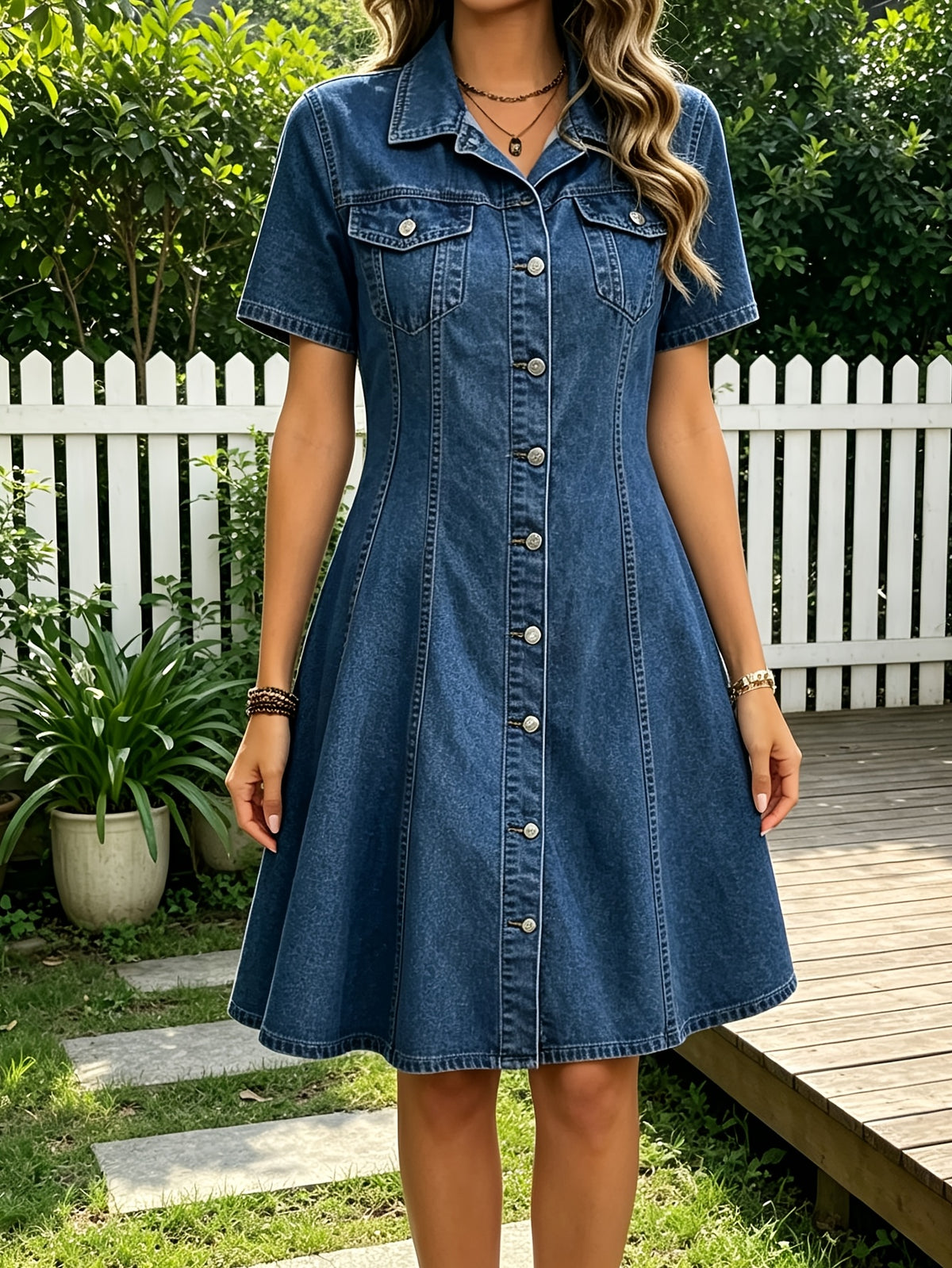 A-Line Denim Mini Dress Women Retro Polo Collar Short Sleeve Figure-Hugging Casual Dress Medium Blue S-XXL