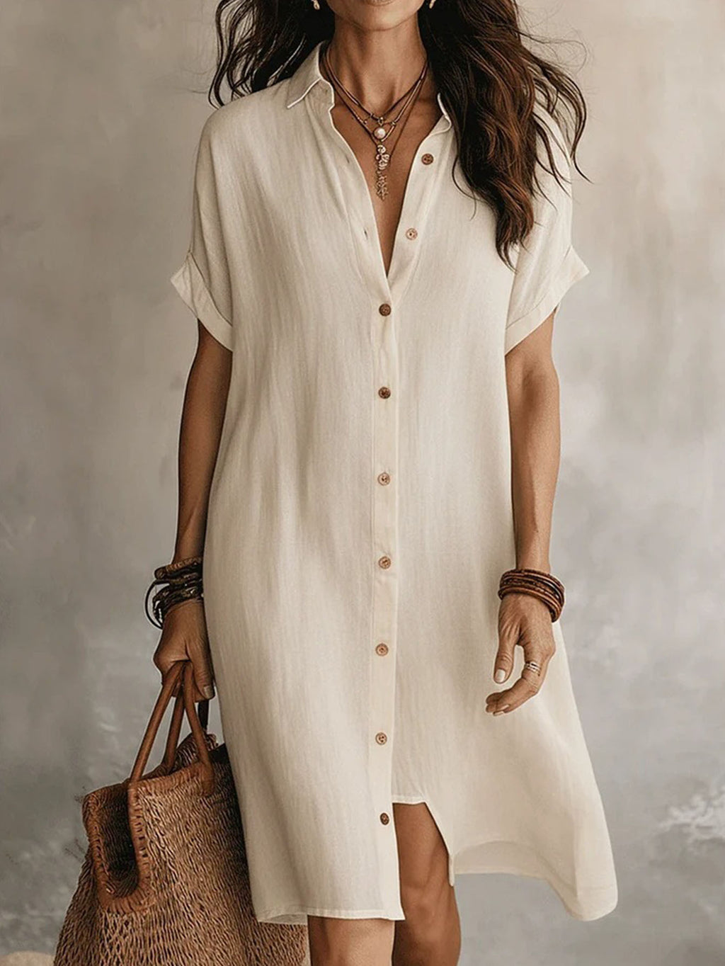 Solid Color Shirt Dress Women Short Sleeve Buttoned Lapel Collar Midi Length Casual Semi-Formal Versatile Dress for Women