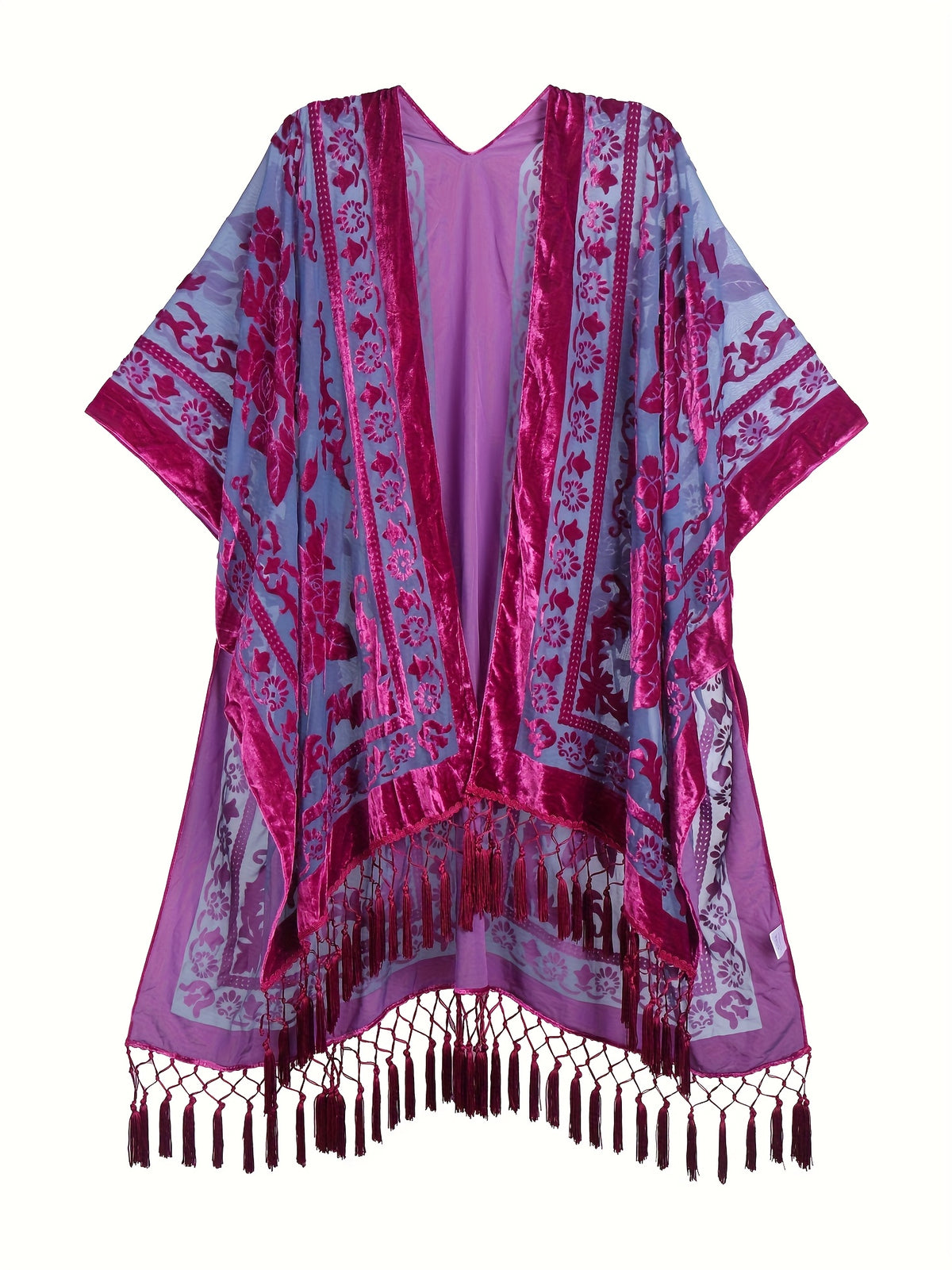 Boho Burnout Velvet Kimono Women Long Cardigan Cover Up Tassel Floral Embroidered One Size