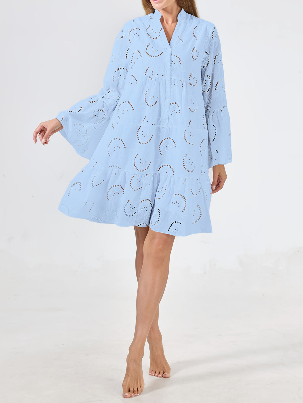 Mint Green V-Neck Bell Sleeve Lace Cut-Out Midi Dress Women Casual Party Long Dress S-XXL