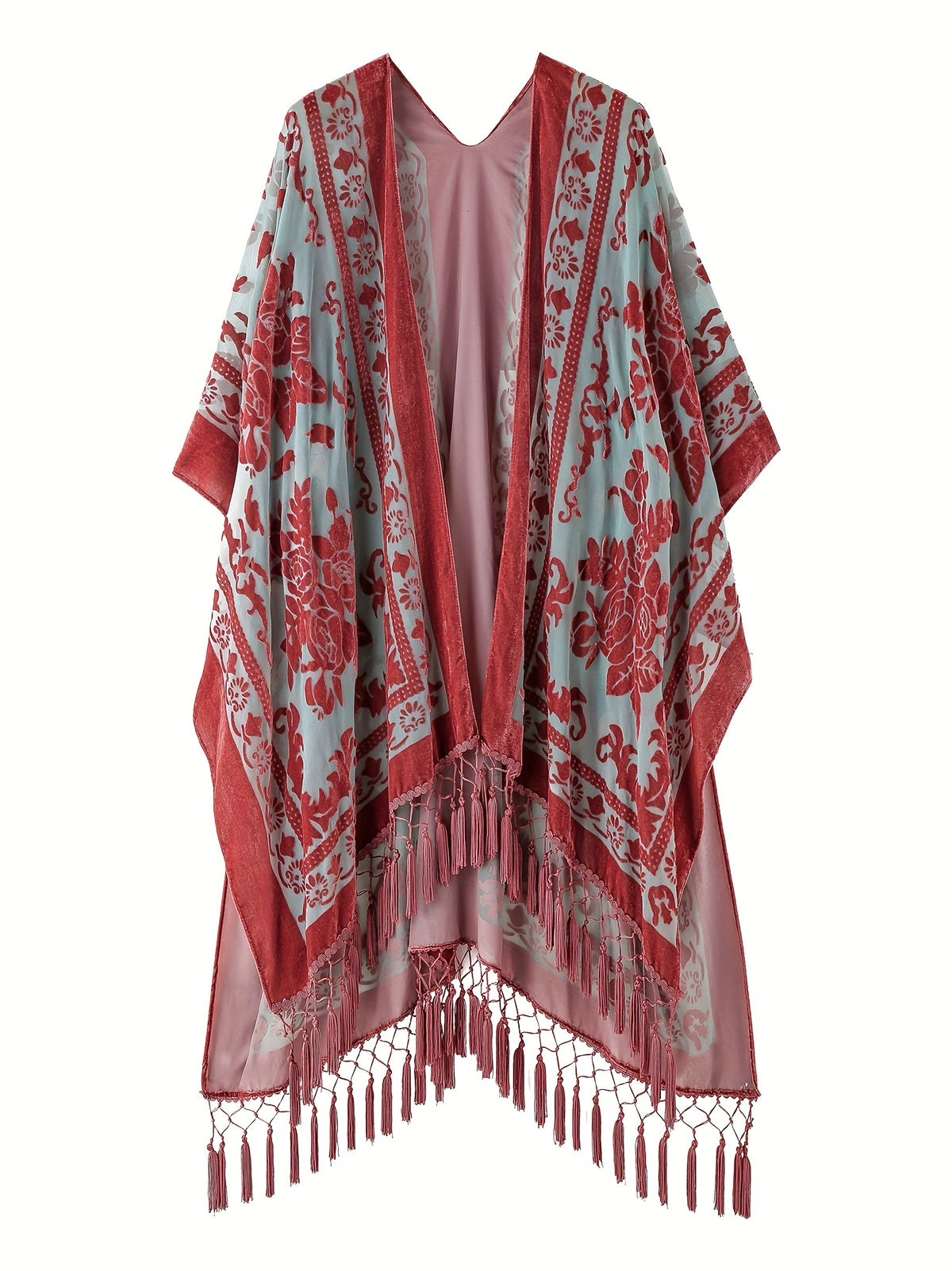 Boho Burnout Velvet Kimono Women Long Cardigan Cover Up Tassel Floral Embroidered One Size