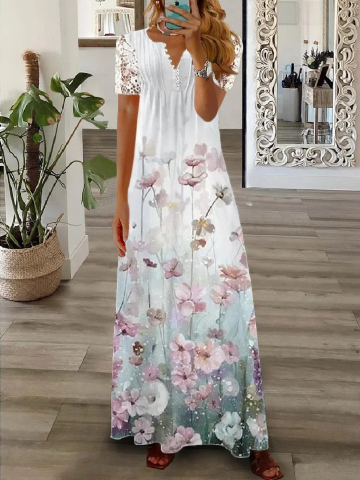 Women's Bohemian White Lace Long Dress V-Neck Long Sleeve High Waist A-Line Flowing Hem Romantic Date Beach Dress