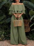 Off-Shoulder Ruffled Crop Top and Wide-Leg Pants 2pcs Set for Women - Textured Fabric Casual Versatile All Season Outfit, Daily Outing Party Co-Ord S-XXL