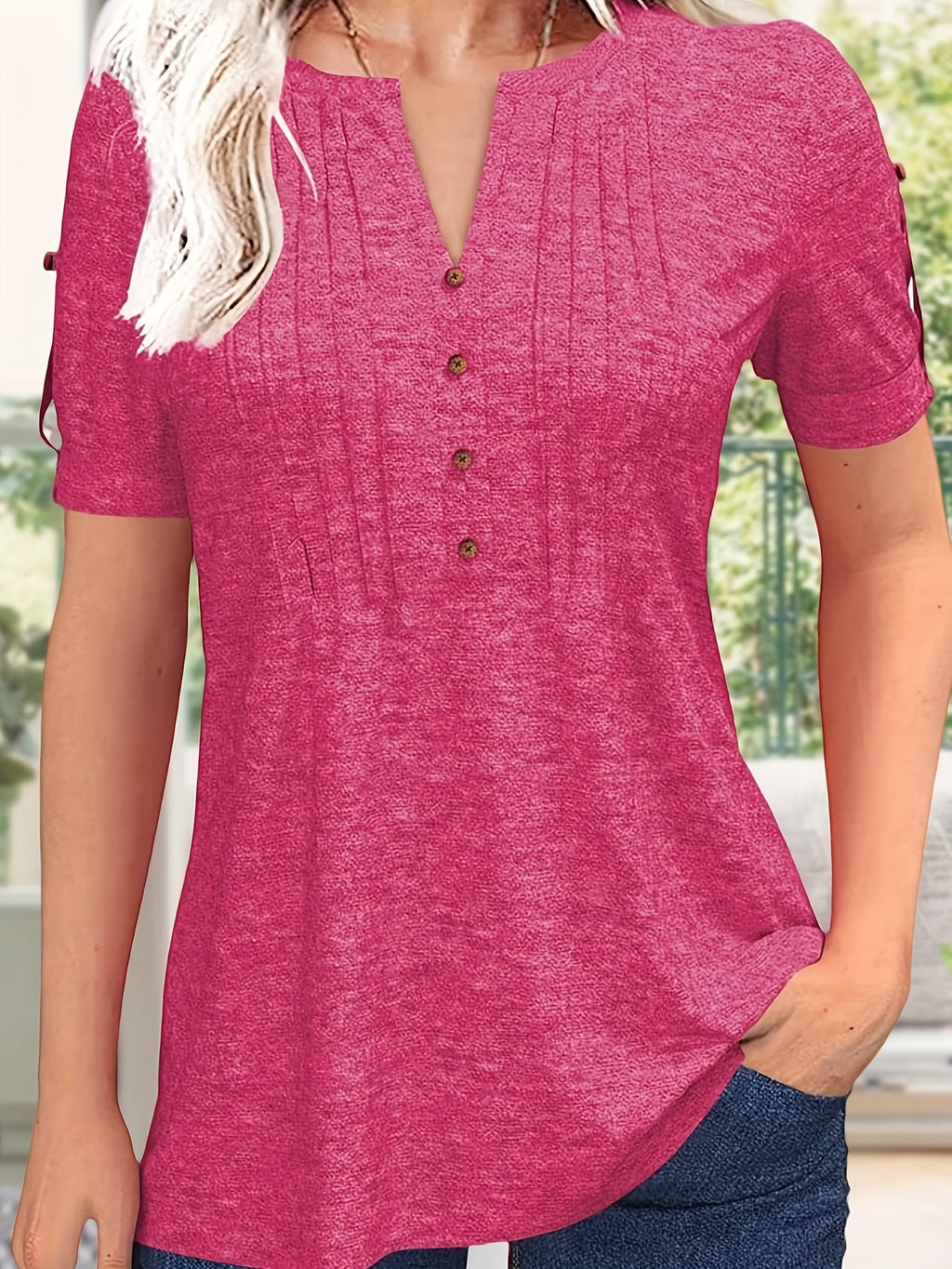 Button Front V-Neck Top Women Pleated Detail Short Sleeve Solid Color Casual Summer Blouse Lightweight Breathable Machine Washable