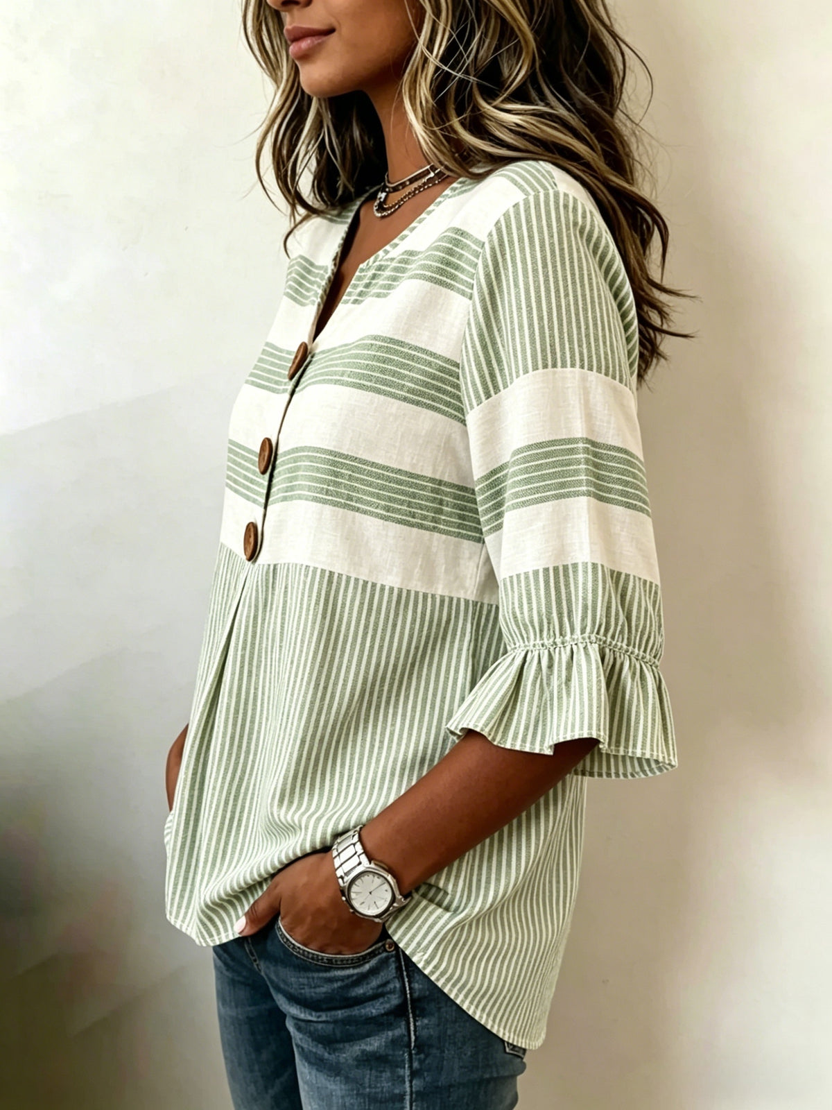 Striped V-Neck Blouse Women Ruffle 3/4 Sleeve Loose Fit Tunic Top Lightweight Linen Button Detail Summer Shirt S-2XL