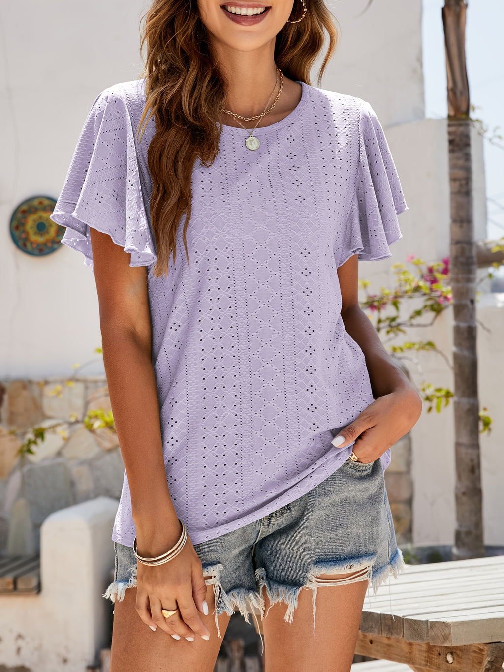 Ruffle Sleeve Hollow Out Blouse for Women | Lotus Leaf Sleeve Casual Top | Breathable Lace Trim Short Top | Chic Spring Summer Women's Shirt