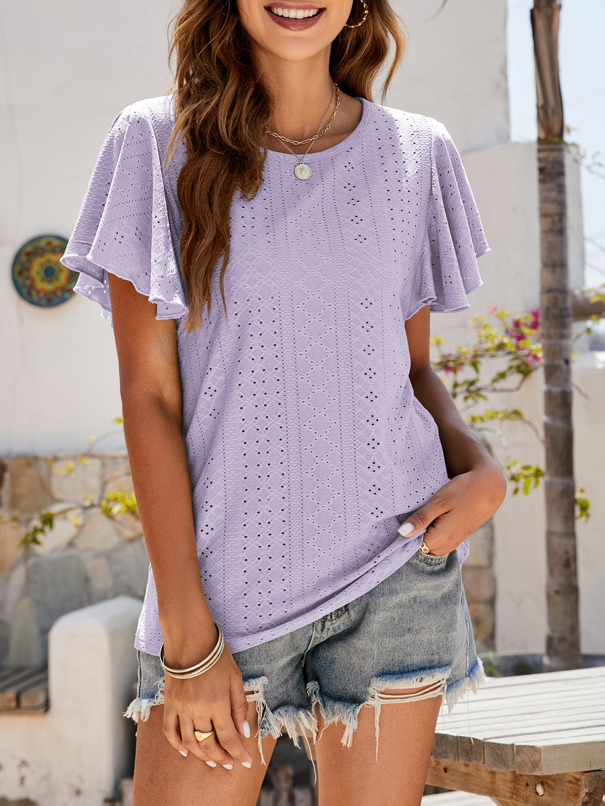 Ruffle Sleeve Hollow Out Blouse for Women | Lotus Leaf Sleeve Casual Top | Breathable Lace Trim Short Top | Chic Spring Summer Women's Shirt