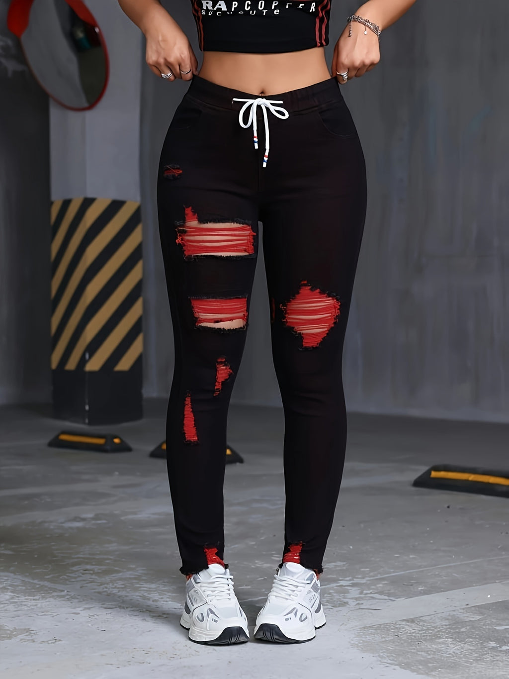 Black Red Distressed Skinny Jeans Women Drawstring Elastic Waist Stretch Ripped Denim S-XXL