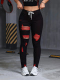 Black Red Distressed Skinny Jeans Women Drawstring Elastic Waist Stretch Ripped Denim S-XXL