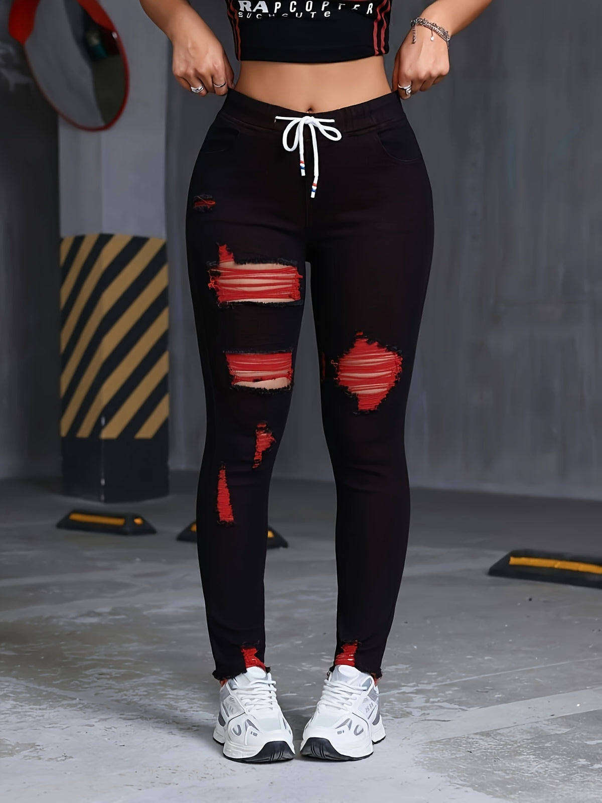Black Red Distressed Skinny Jeans Women Drawstring Elastic Waist Stretch Ripped Denim S-XXL