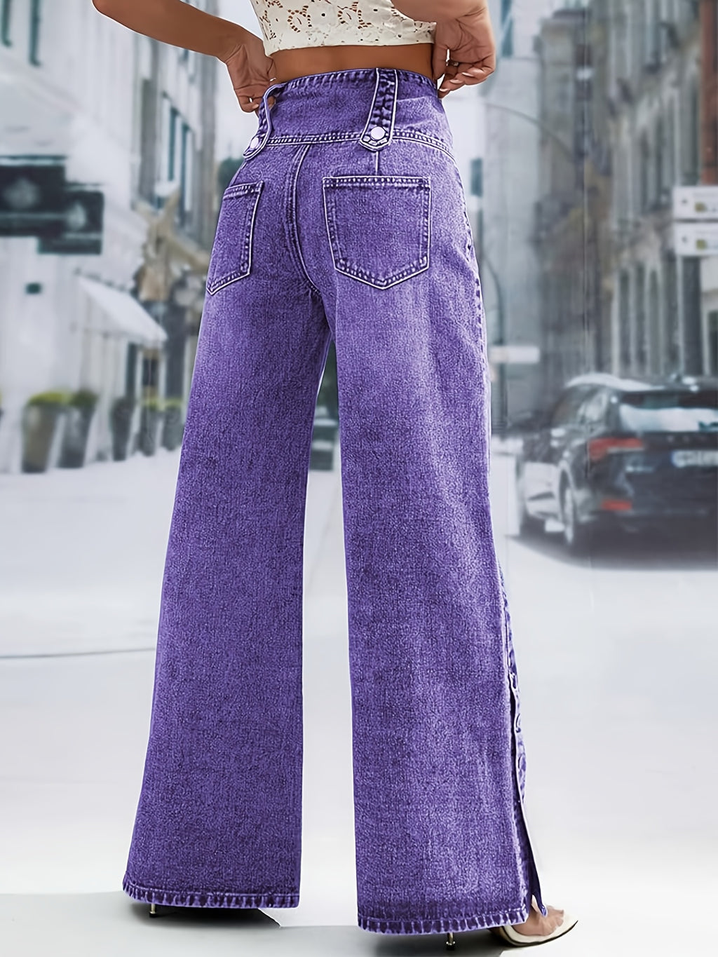 Wide-Leg Purple Jeans Women Adjustable Button Waist Mid-Rise Straight Casual Pants All-Season Travel Office