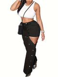 Women's Wide-Leg Boyfriend Jeans Low Rise Straight Leg Ripped Raw Hem Washed Denim S-XXL