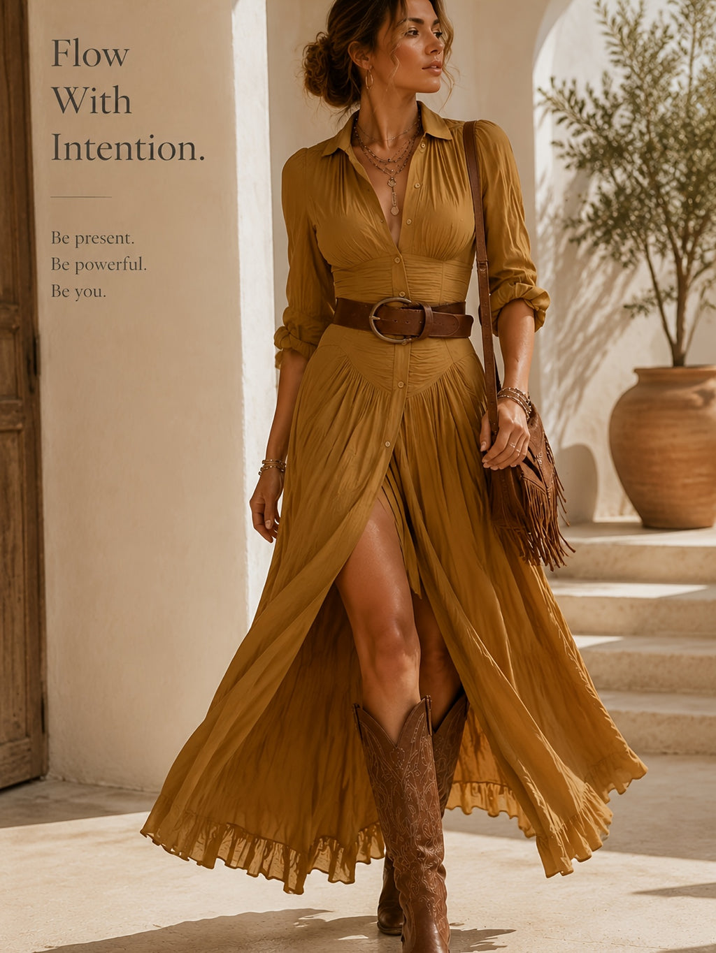 Western Shirt Dress for Women Ruffled Long Sleeve Notched Lapel Buttoned Solid Color Casual Chic Everyday Dress