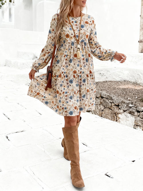 Boho Floral Print Long Sleeve Dress Women White Blue Orange A-Line Waist-Defining Round Neck Maxi Dress Spring Fall French Countryside Resort Dress S-XXL