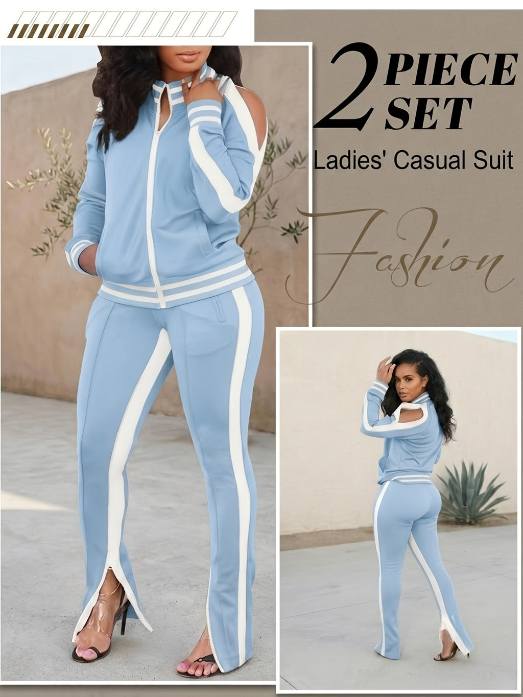 Color Block Off-Shoulder Tracksuit Set for Women – 2-Piece Zip Cuff Sweatshirt & Sweatpants Casual Matching Outfit, Lightweight Breathable Jogger Set