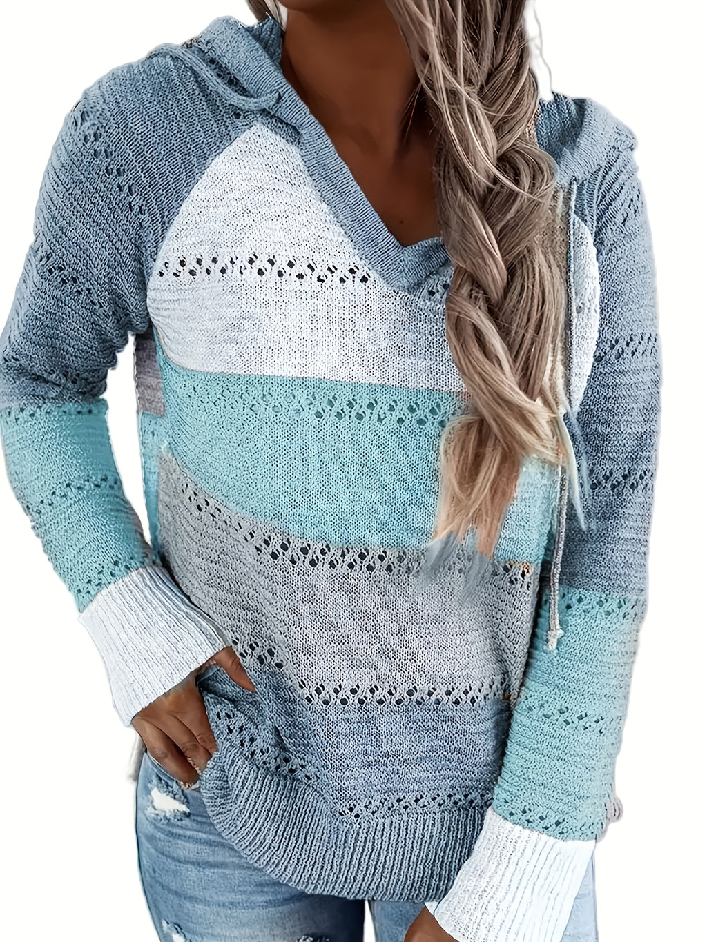 Color Block Striped Hoodie Sweatshirt Women Long Sleeve Pullover V-Neck Casual Top Daily Outdoor Wear S-XXL