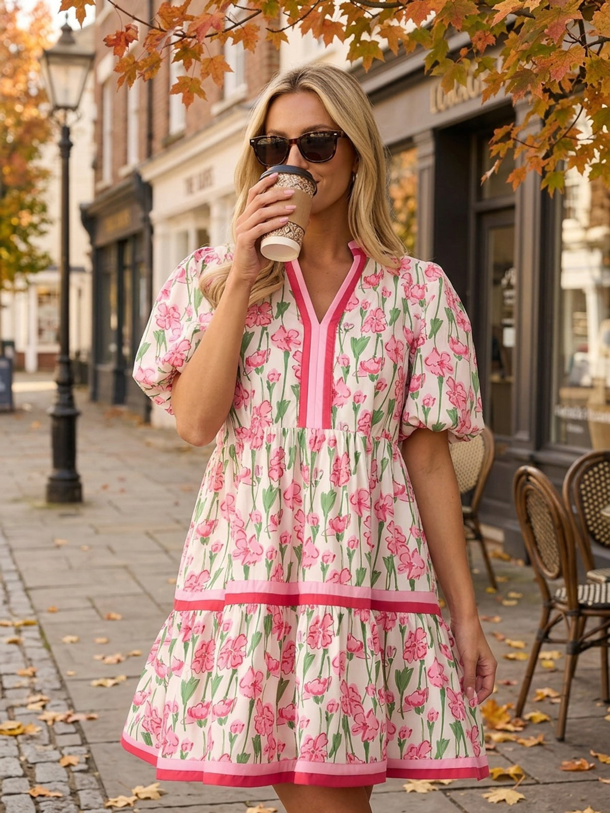 Puff Sleeve Floral Mini Dress Women Boho V-Neck Loose Flared Hem Lightweight Beach Vacation Dress Summer S-XXL