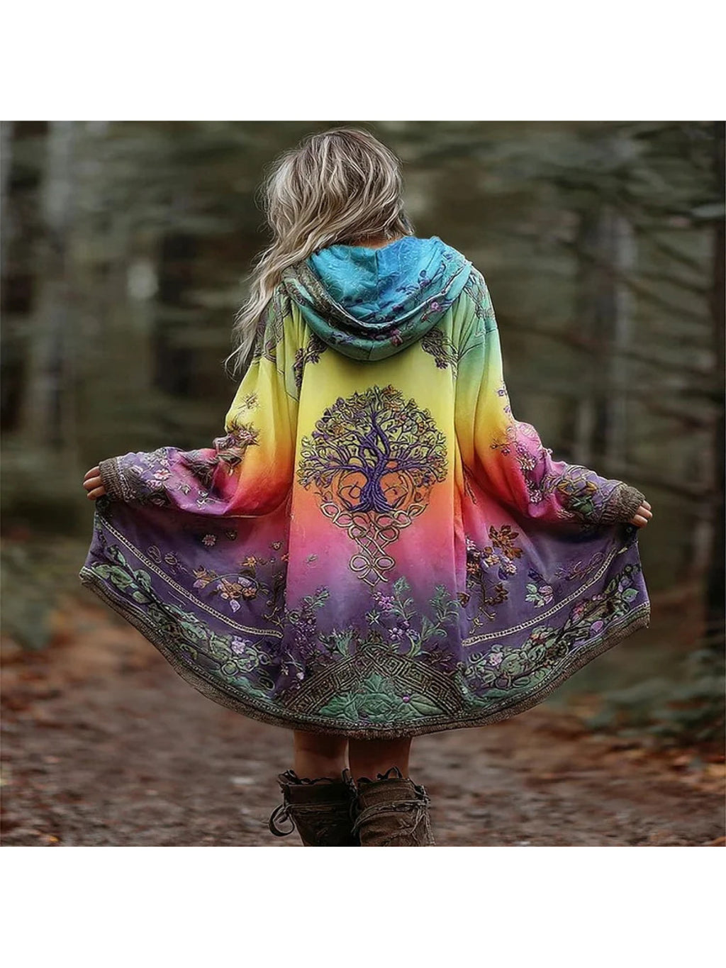 Bohemian Tree of Life Gradient Cardigan Women Hooded Oversized Printed Coat Boho Forest Vacation Photoshoot S-XXL
