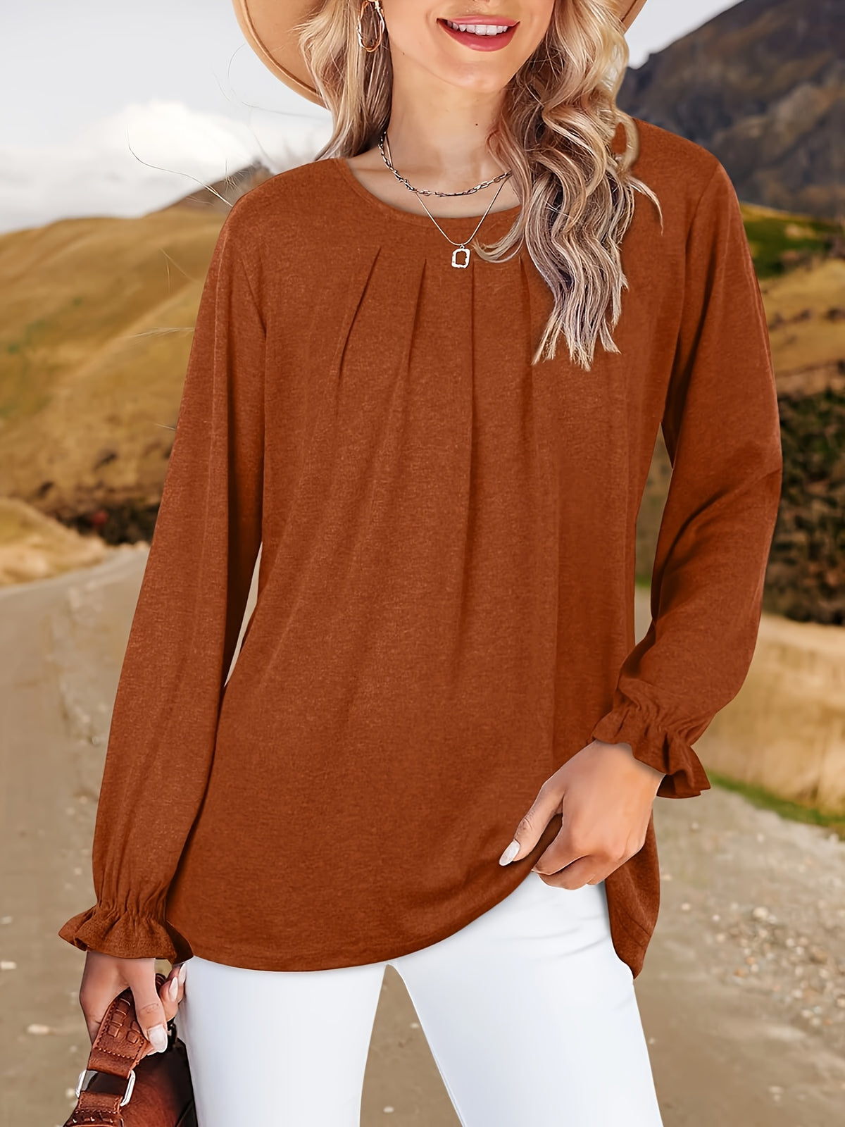 Pleated Ruffle Blouse Women's Long Sleeve Loose Fitting Tunic Top Crew Neck Solid Color Shirt S-XXL | Mira Roam