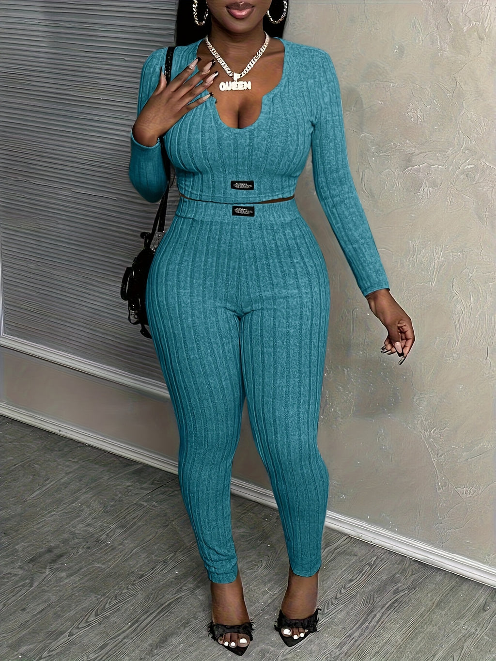 2 Piece Set Women Slim Fit Long Sleeve Top & High Waist Pants Stretchy Casual Fall Outfit Matching Set S-XXL