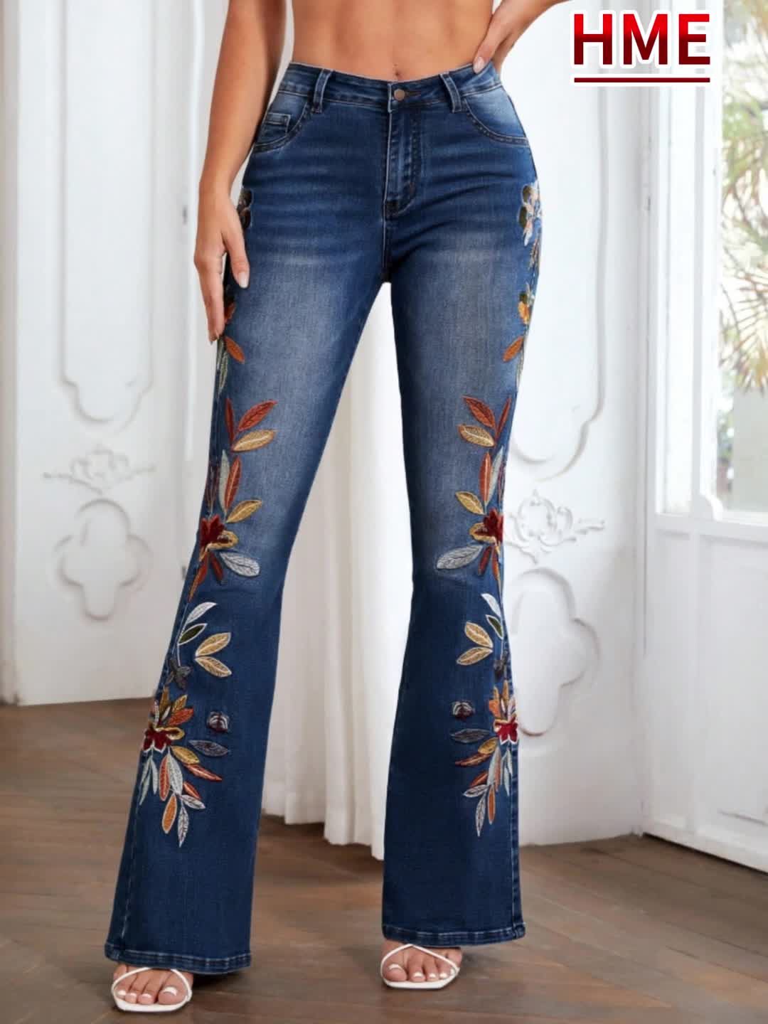 Women's Flared Denim Jeans Flower Embroidery Elastic Waist Washed Bootcut Casual All Season S-XXL