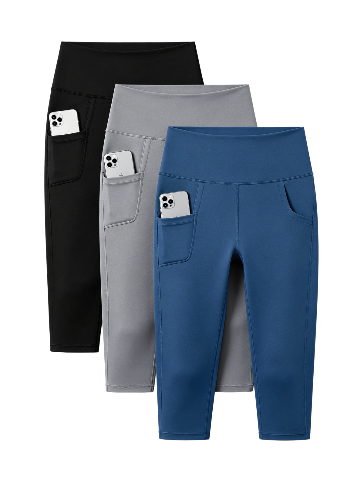 High Waist Capri Leggings with Pockets Women 4-Way Stretch Gray Workout Pants M-XXL Spring Summer Fall